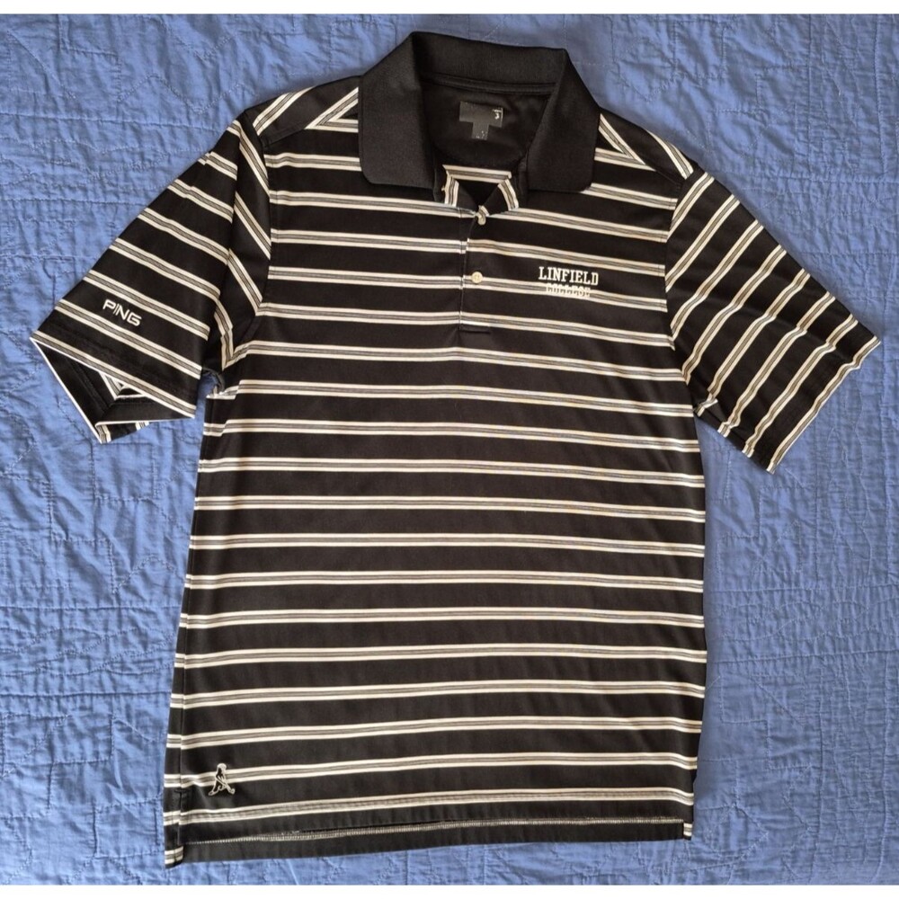 Ping Men's Golf Polo Black Striped S/S Size Medium - Linfield College Logo